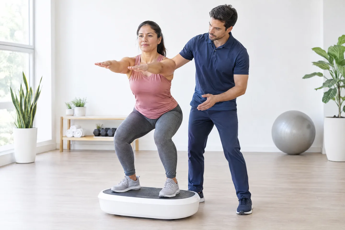 THA trainer guides a client through a squat on a vibration platform