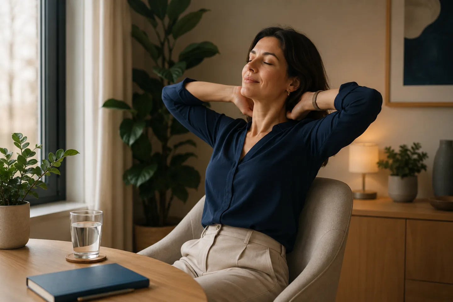 Professional takes a calm pause and stretches her neck and shoulders by a window