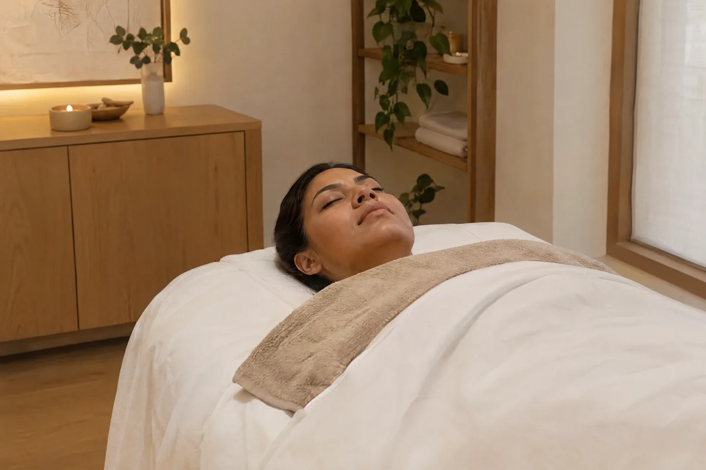 Relaxed client on a towel-draped massage table at the THA studio