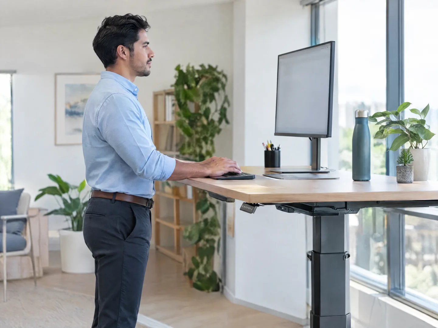 Man working standing at an adjustable desk by the window