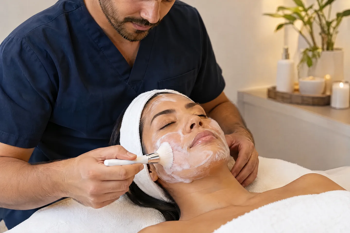 THA esthetician applies a facial product with a brush to a reclining client