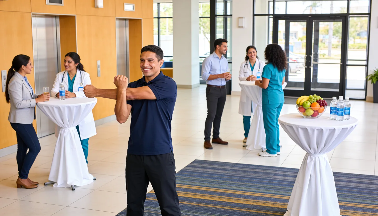 Health fair in a company lobby with invited professionals and an active break