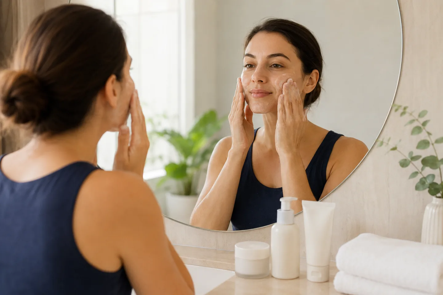 Woman gently cleanses her face at a mirror with unbranded products