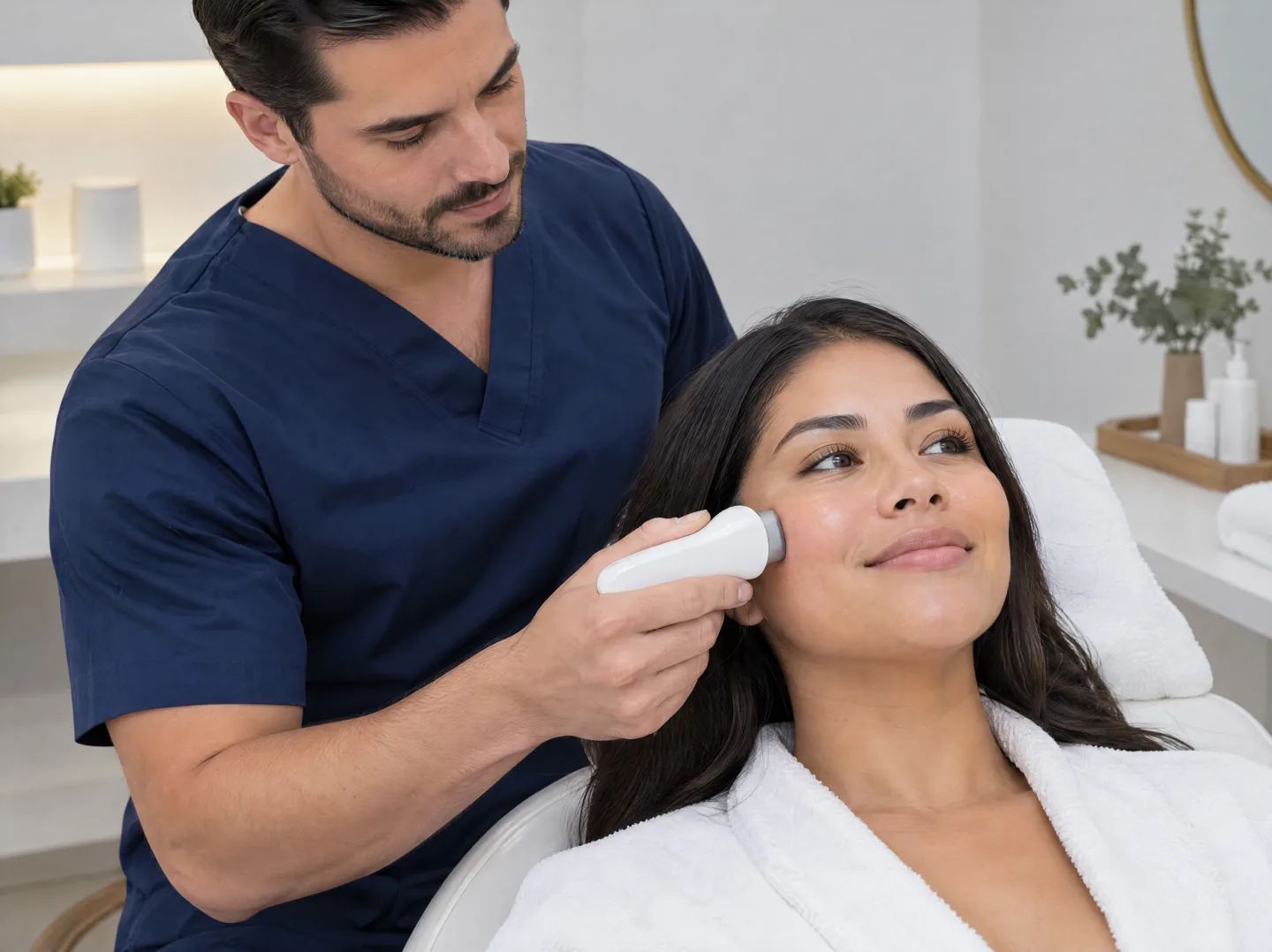 THA esthetician checks a client's facial skin at the studio