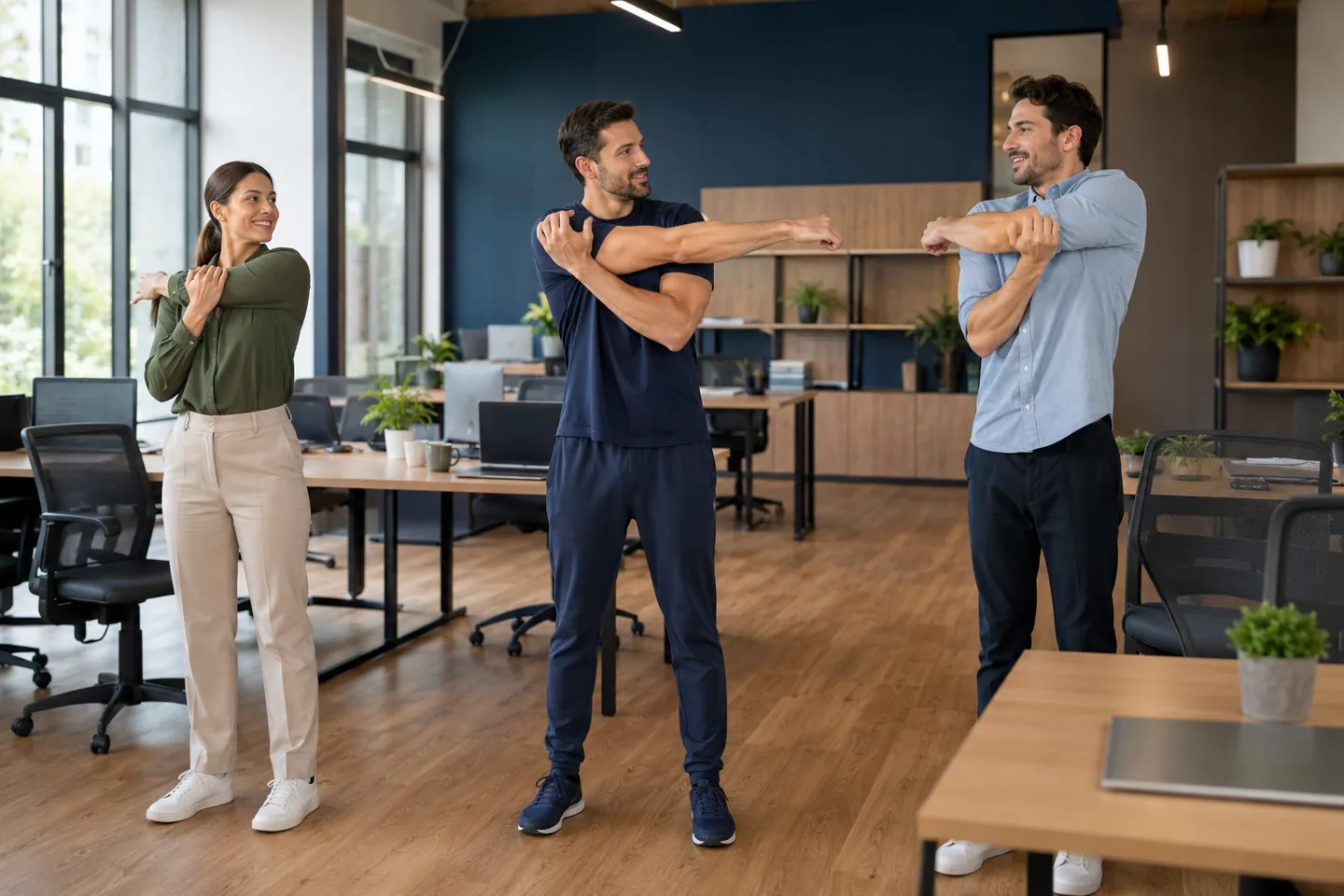 Male instructor guides two people through a shoulder movement break in an office