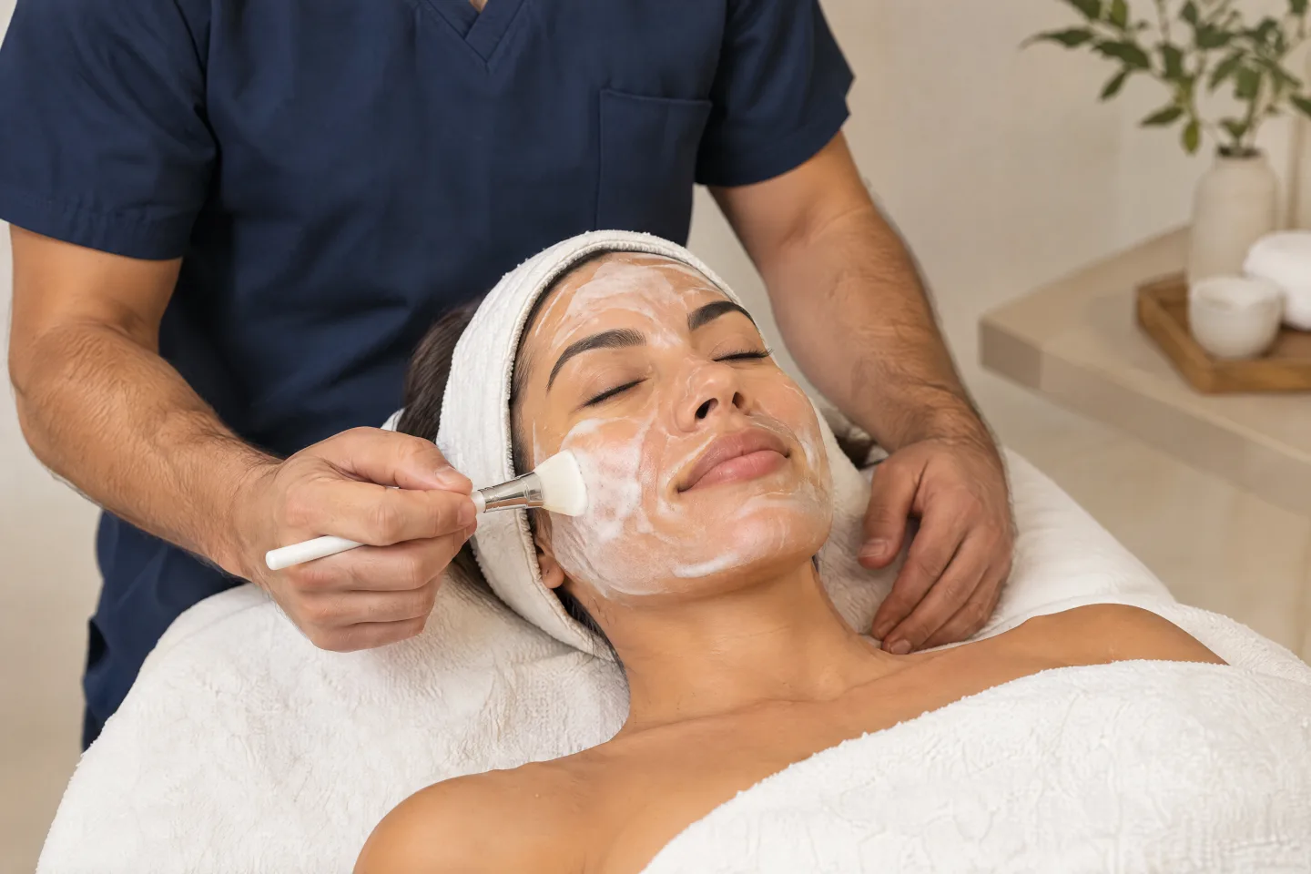 Client with a face mask during a facial cleansing at the THA studio