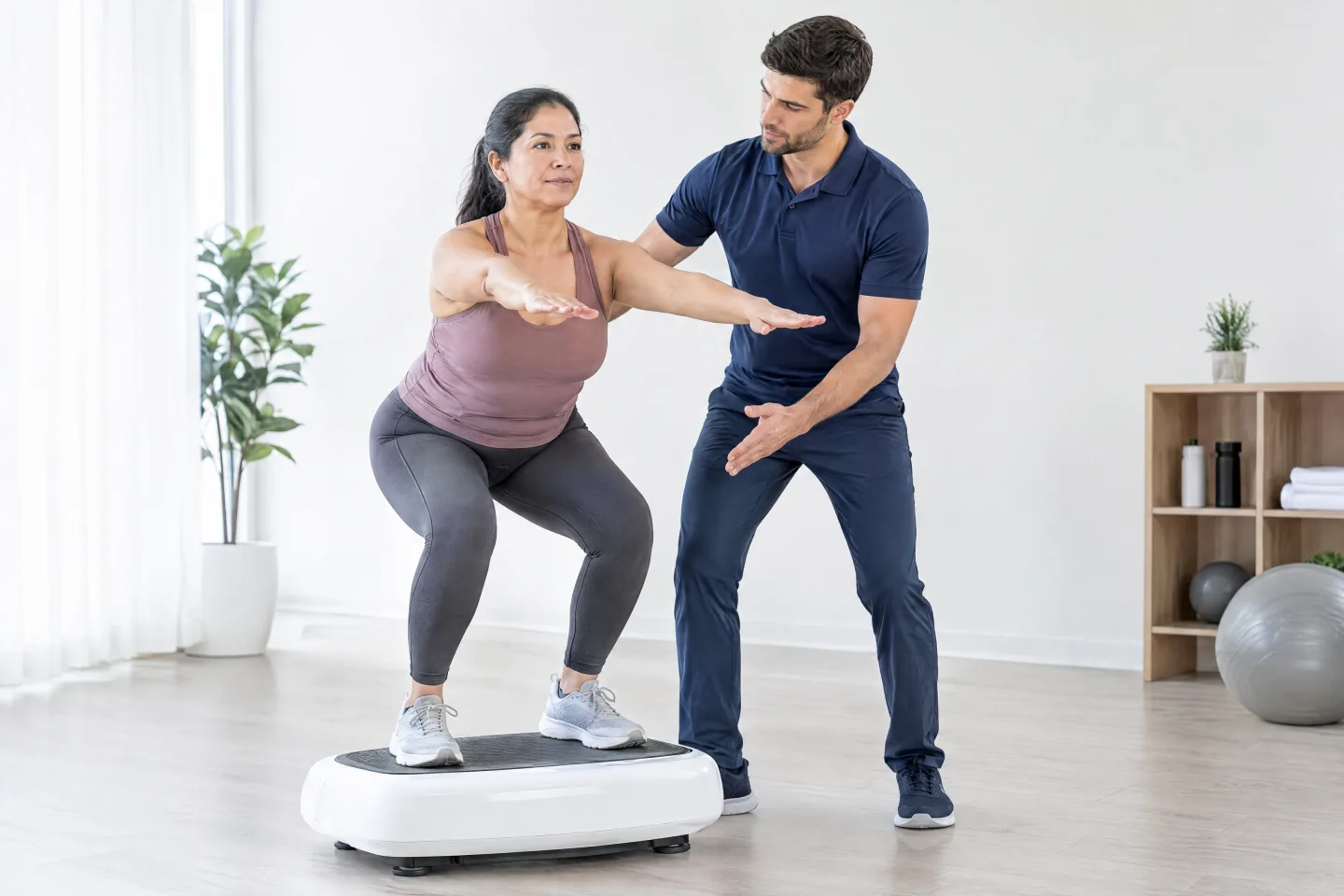 THA trainer corrects a client's squat on a platform