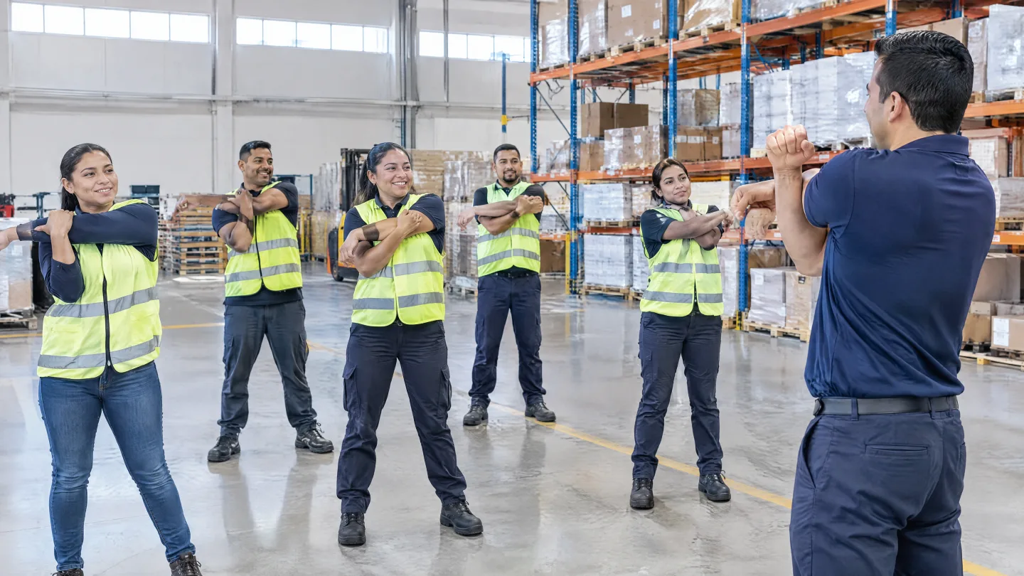 Warehouse staff in safety vests do an active break led by a THA instructor