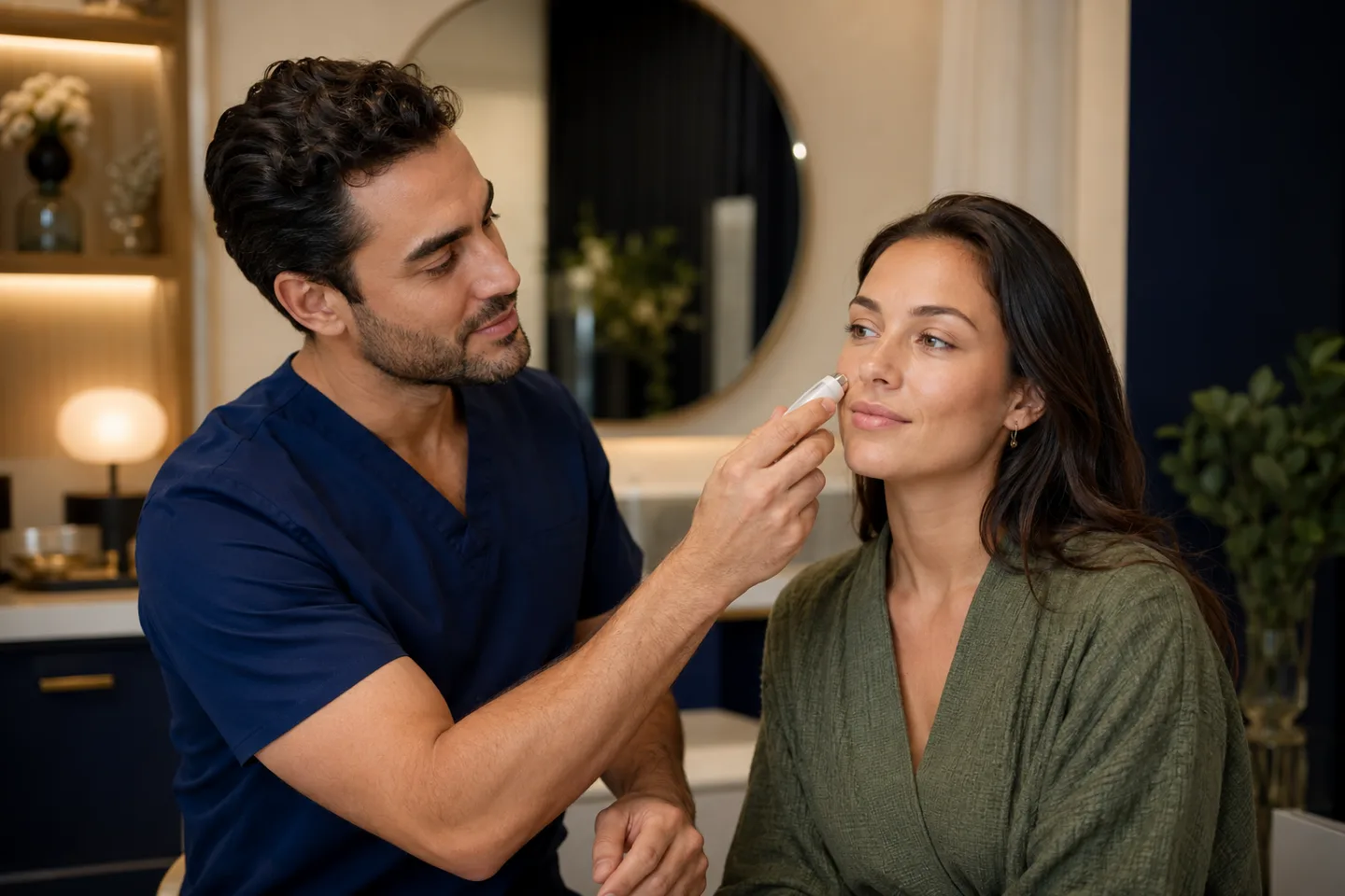Male THA aesthetician gently assesses skin hydration with an unbranded meter