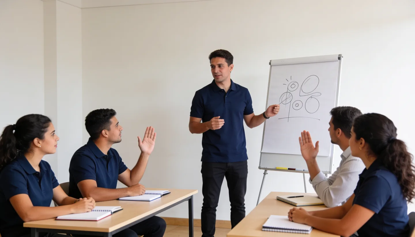 THA instructor leads a stress management workshop with an office team