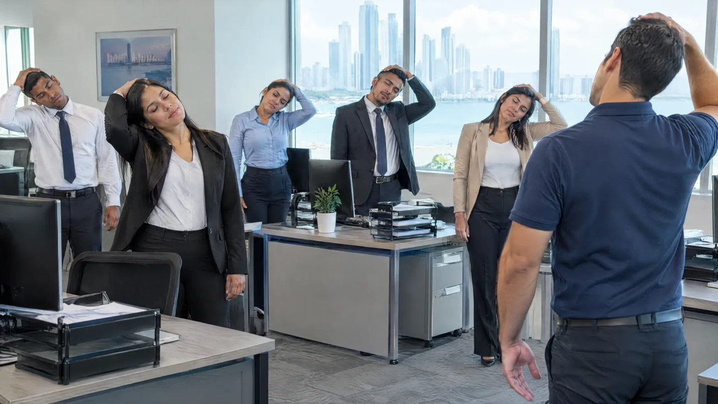Employees stretch their necks at the office guided by a THA instructor