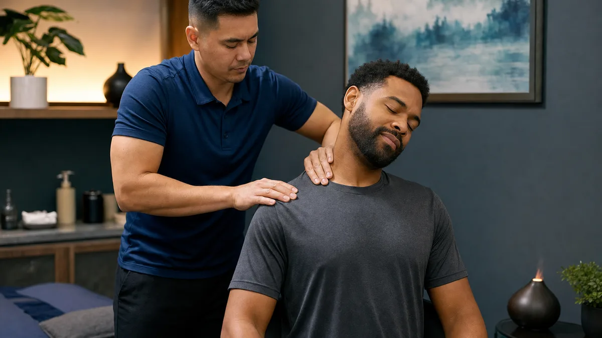 Male THA aesthetician providing localized hands-on shoulder work