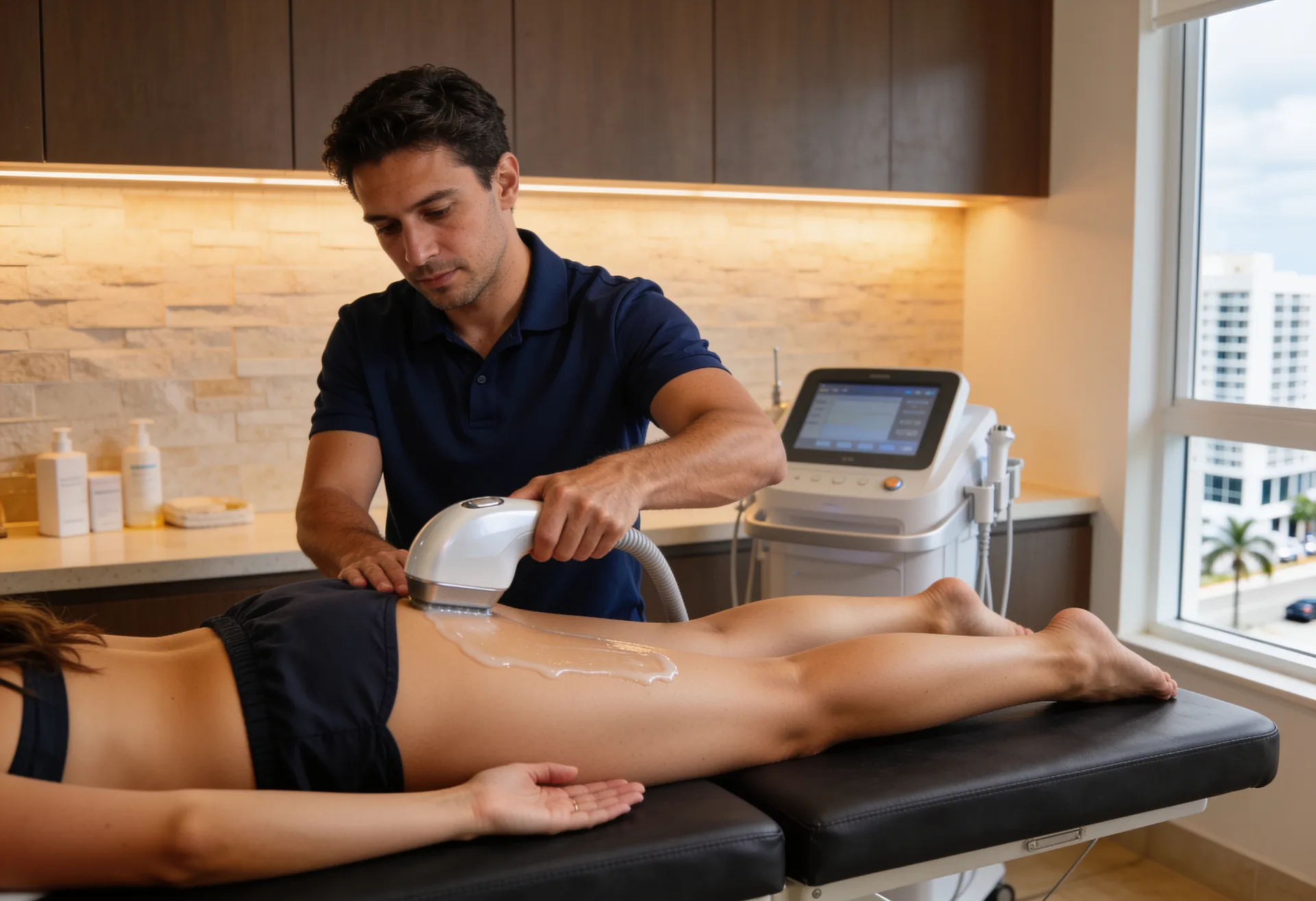 Esteticista de THA aplicando radiofrecuencia corporal en la parte posterior del muslo de una clienta