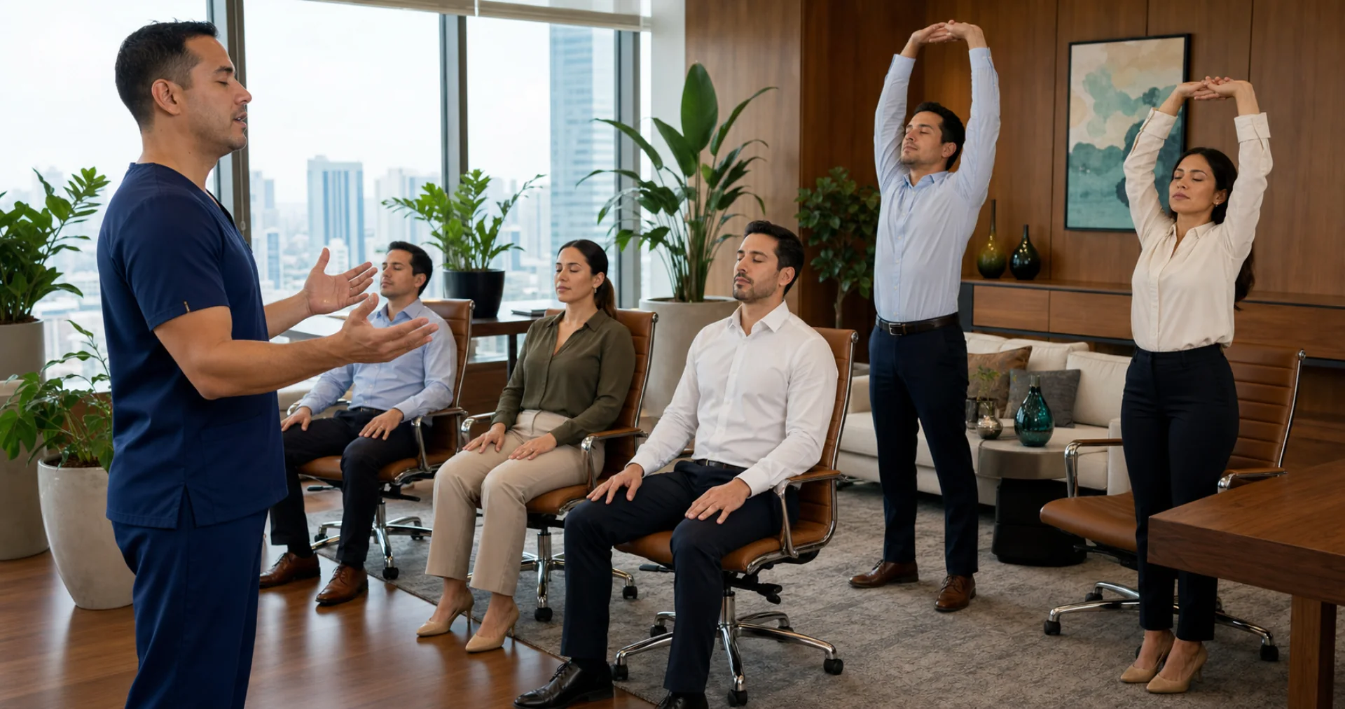 Instructor hombre de THA guiando yoga y meditación de pie y en sillas dentro de una oficina