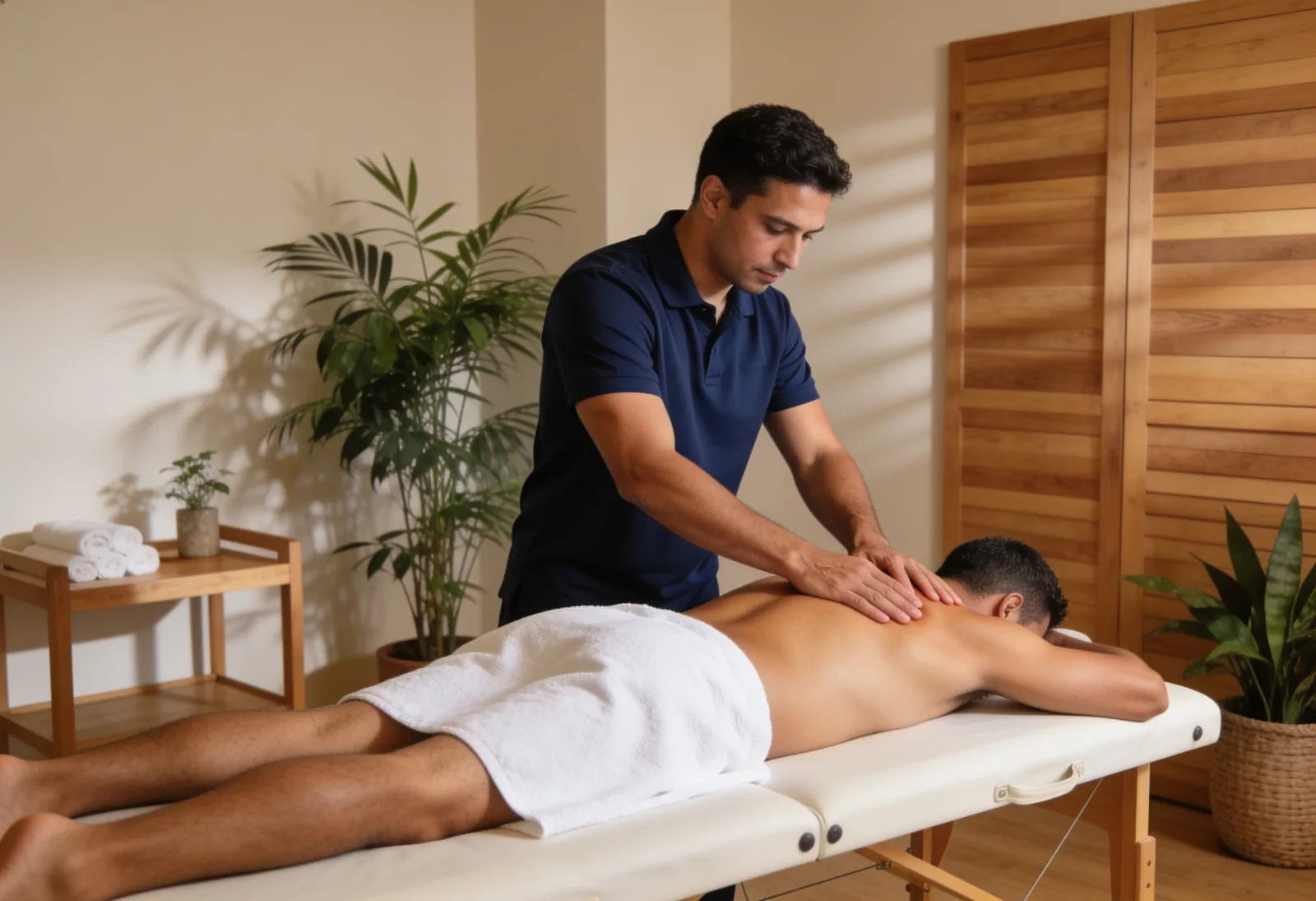 Deep tissue massage with palm pressure on the back