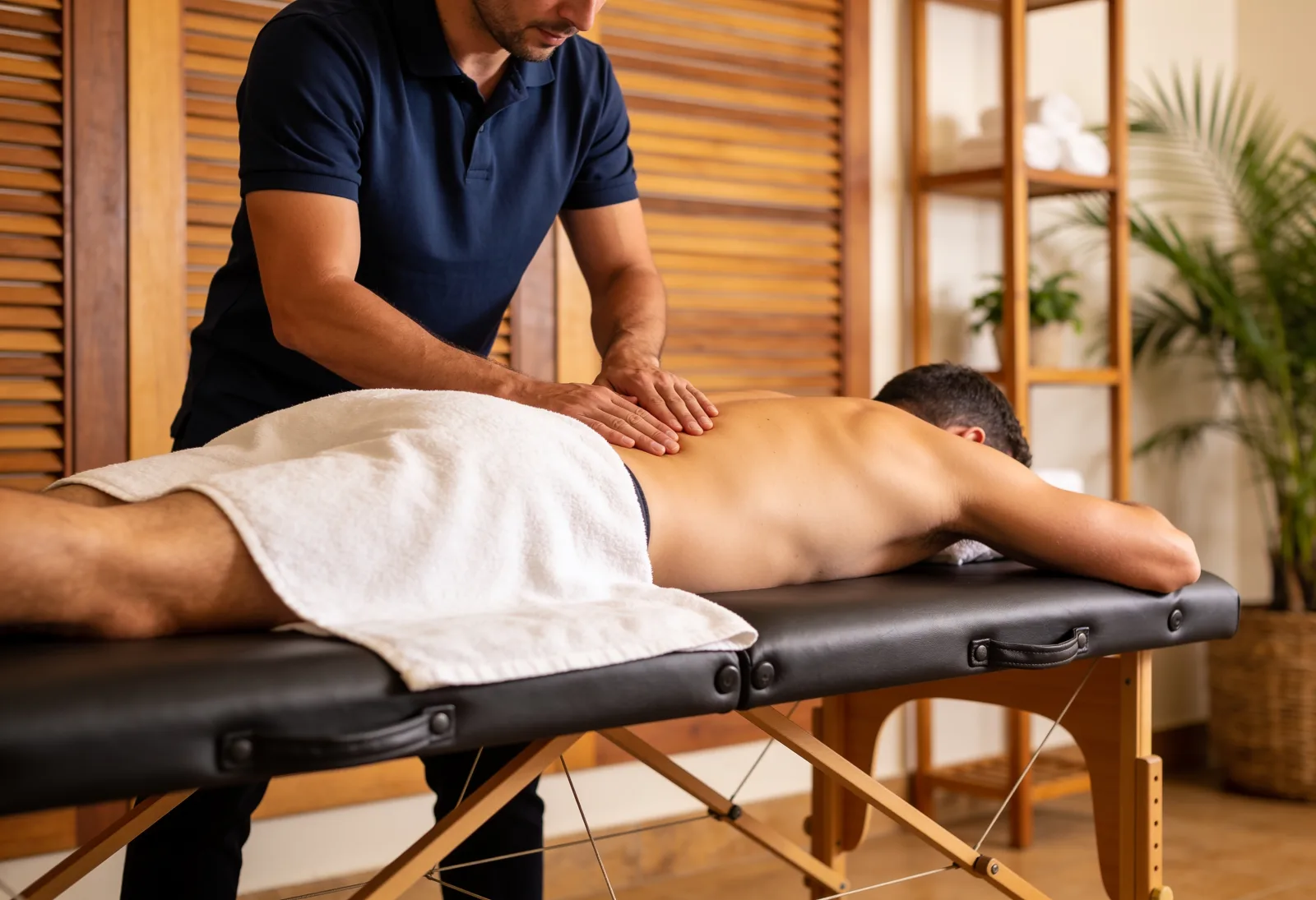 Client draped with a towel during a back massage at THA