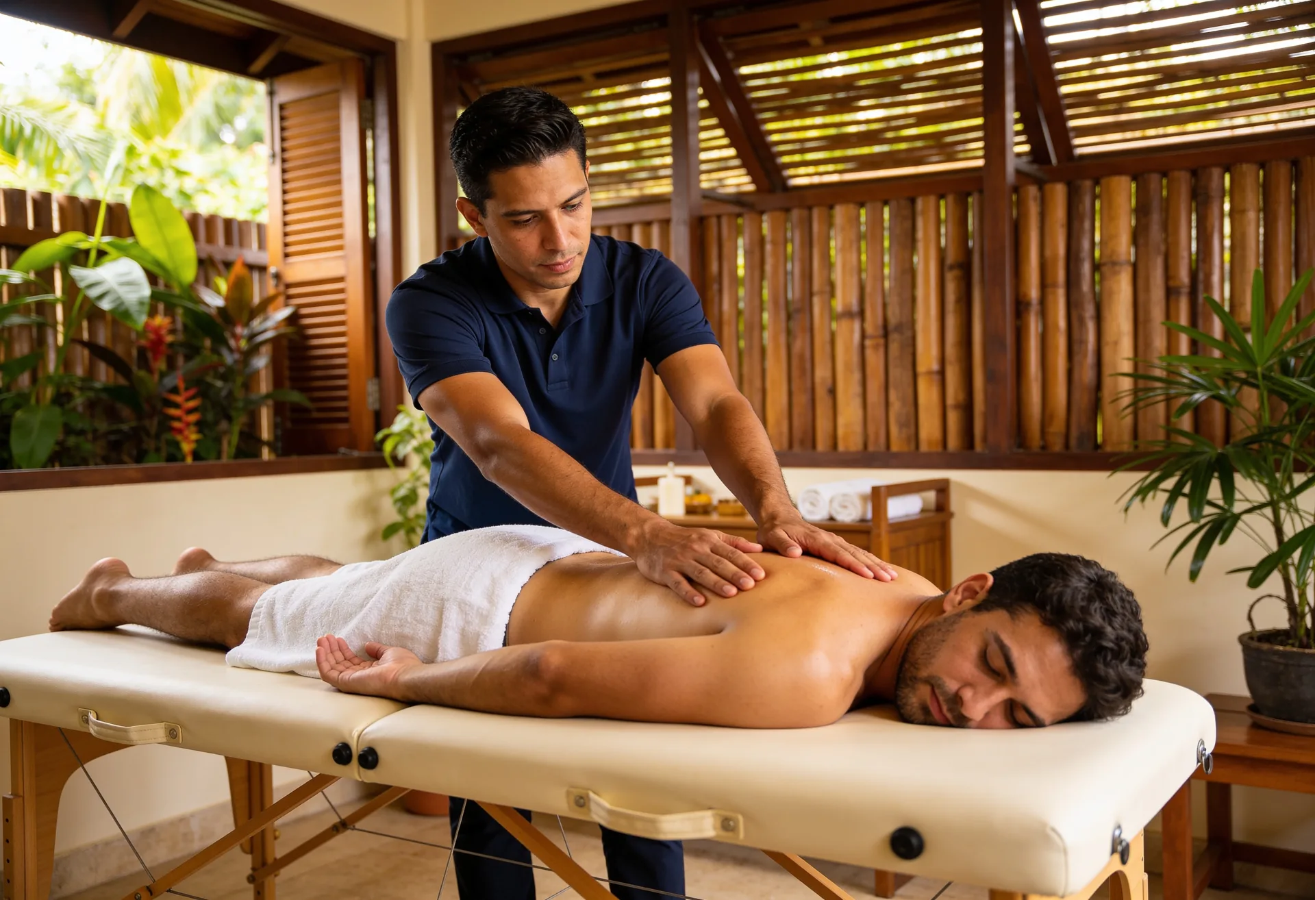 THA therapist applying firm pressure to a client's upper back on a massage table