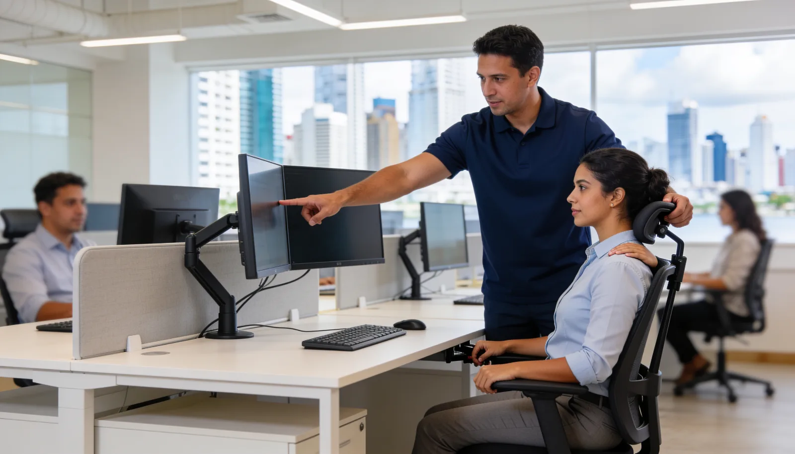 THA instructor showing an employee the right monitor height