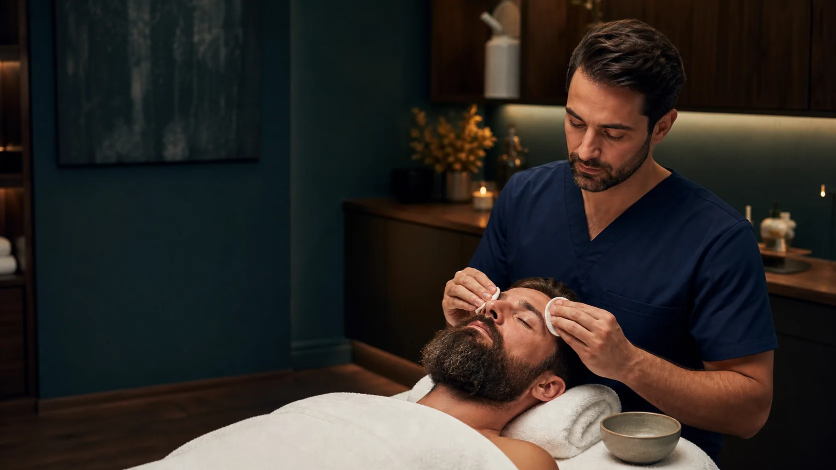 Male aesthetician in navy-blue scrubs providing a relaxing facial cleansing to a bearded man