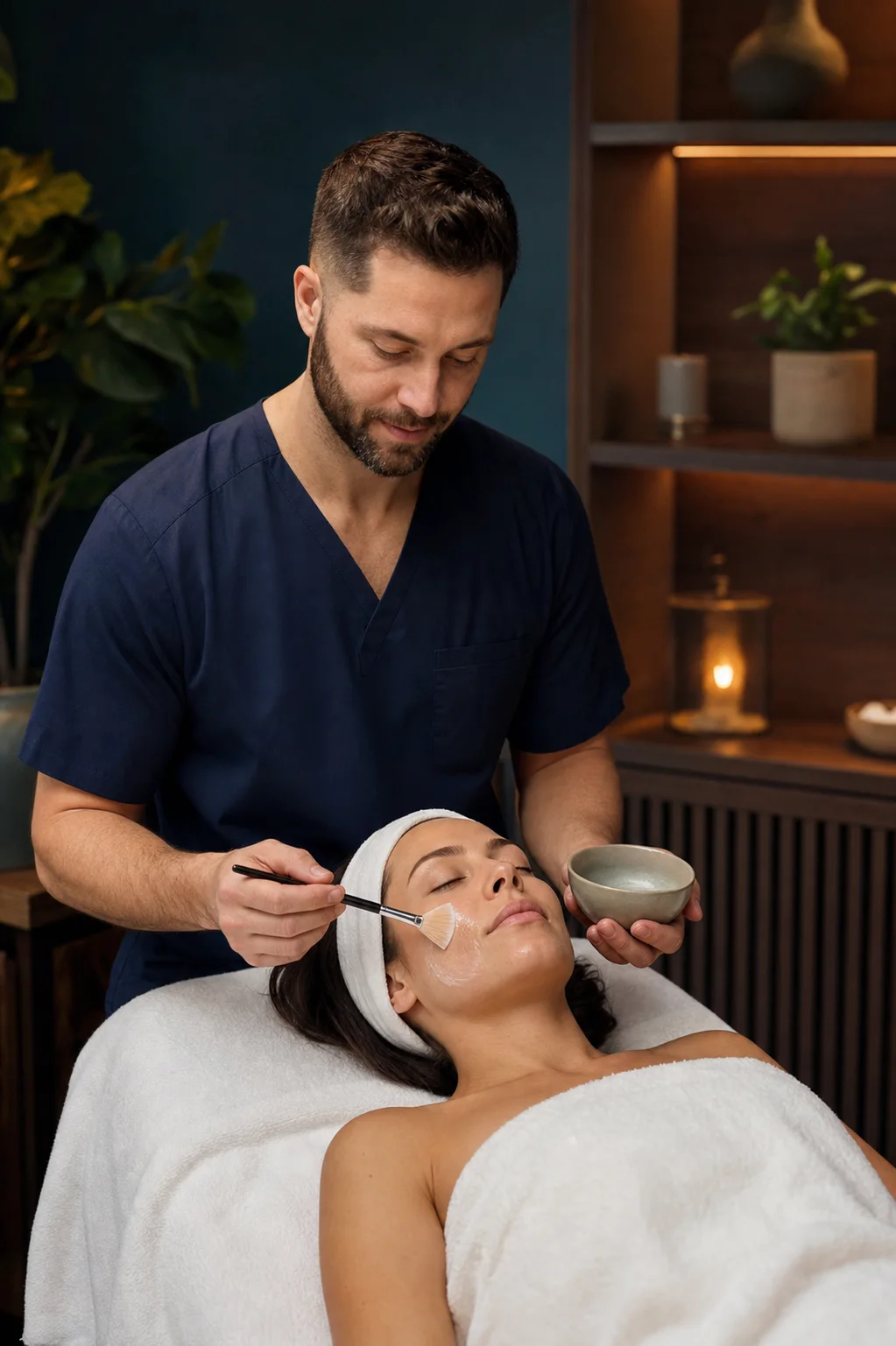 Male aesthetician gently applying a mask during a personalized facial cleansing