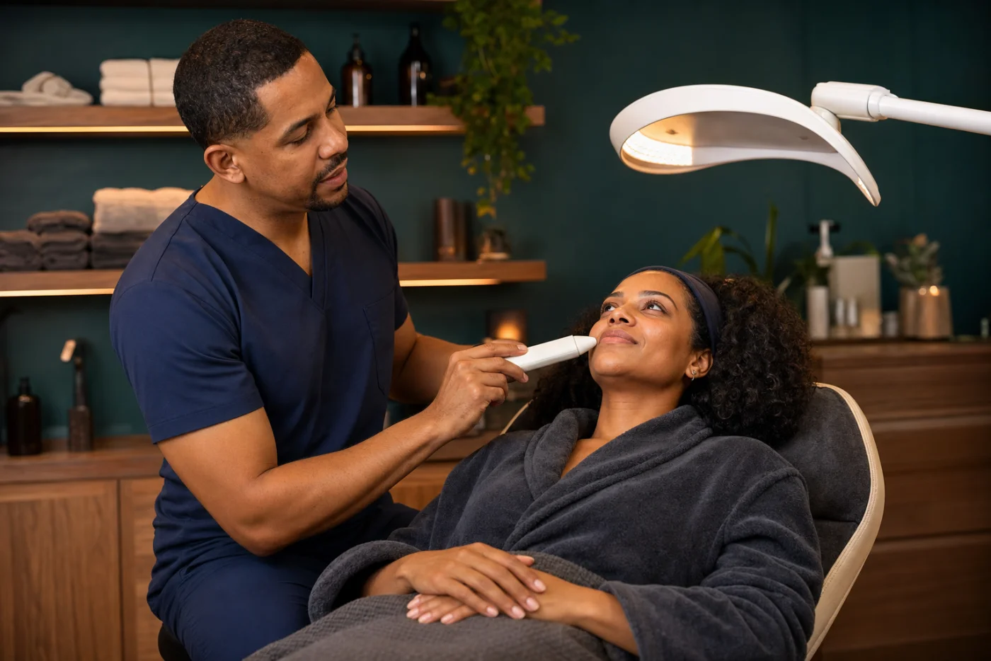Facial session with LED light and skin observation