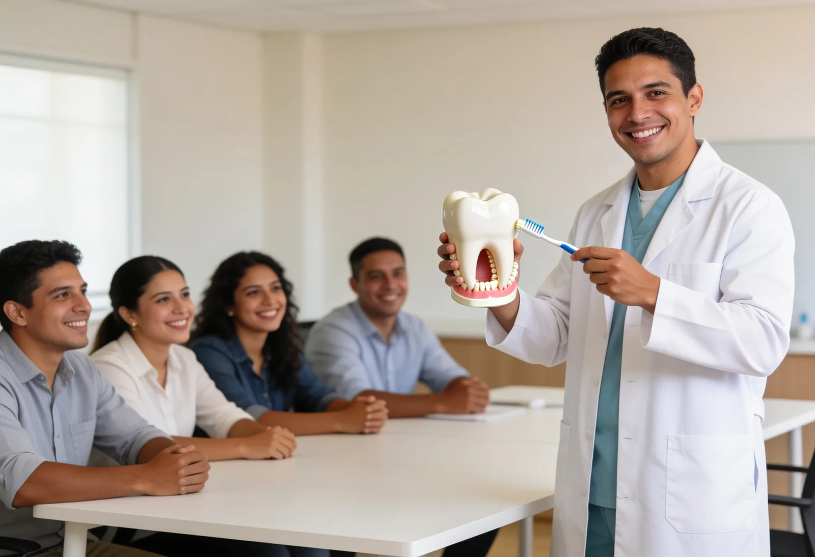 Odontólogo invitado explicando técnicas de cepillado con un modelo dental a colaboradores