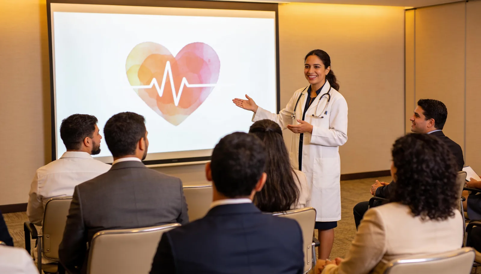 Médica invitada conversando con colaboradores durante una charla en la empresa