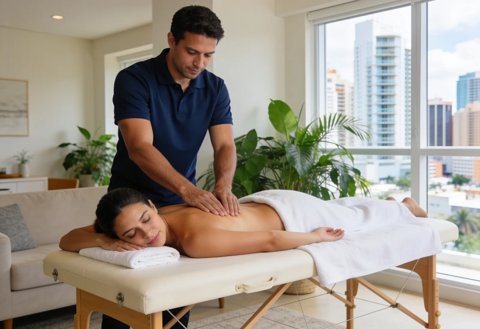THA therapist giving a massage in an apartment with a city view