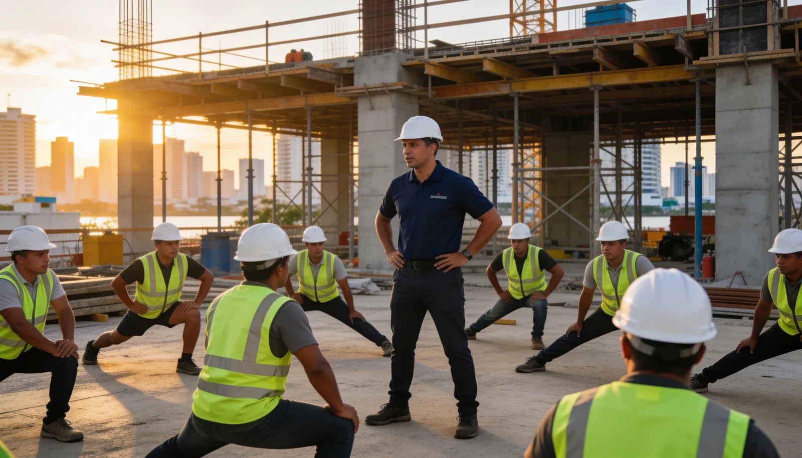 Workers in helmets and vests following a THA instructor on site