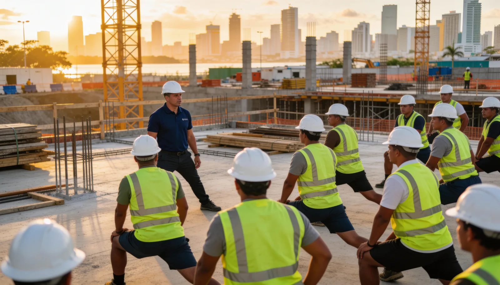 Leg warm-up on a construction site with the city in the background