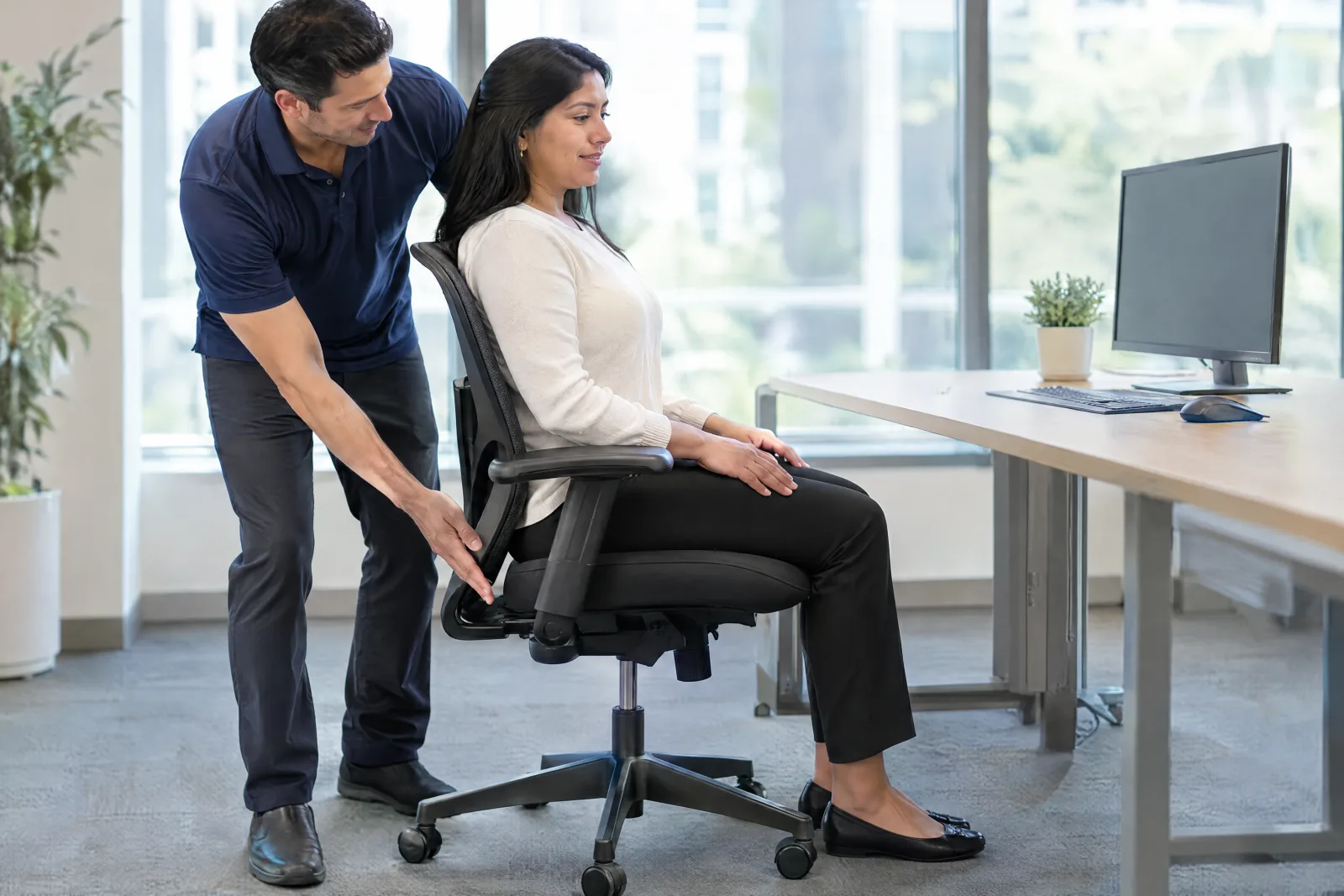 THA instructor helping an employee adjust her chair height