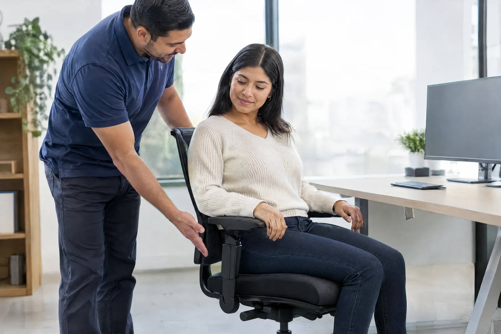 THA instructor showing how to adjust an office chair