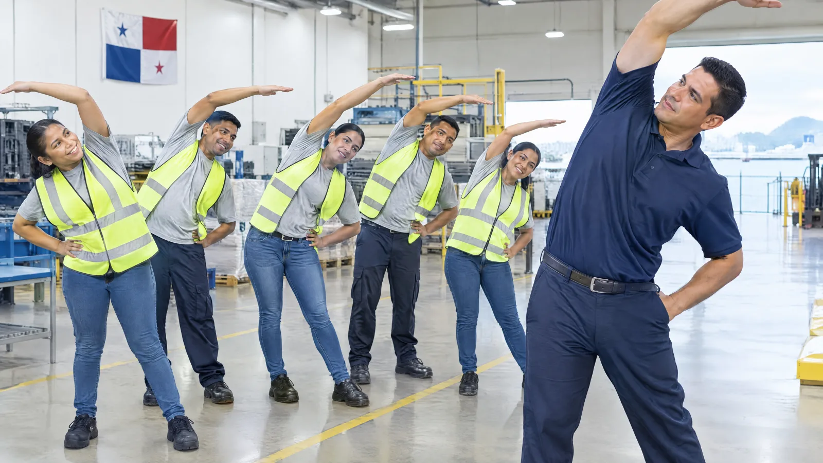 Workers in vests doing side stretches in an industrial plant