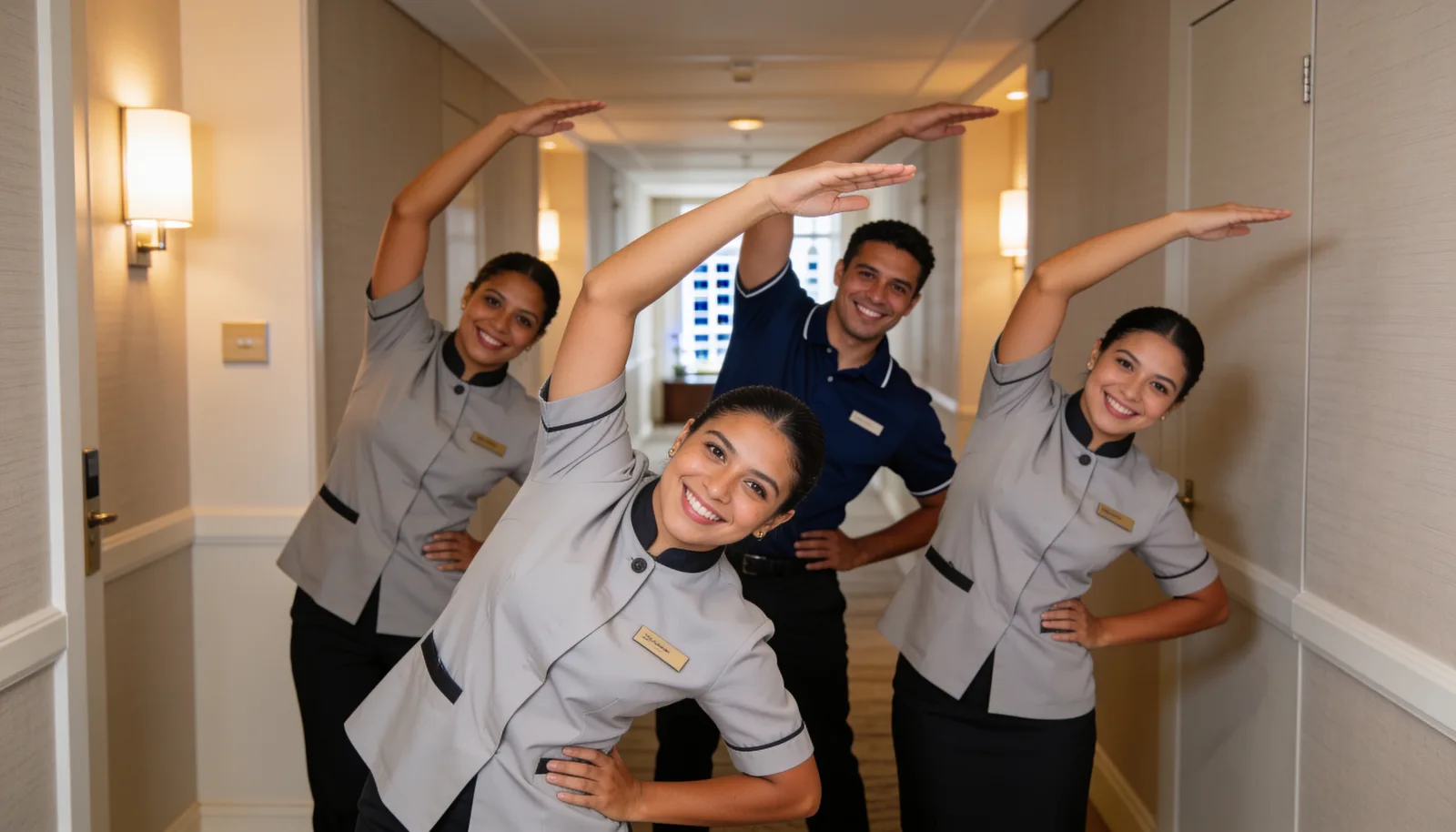 Hotel receptionists relaxing neck and shoulders before the shift