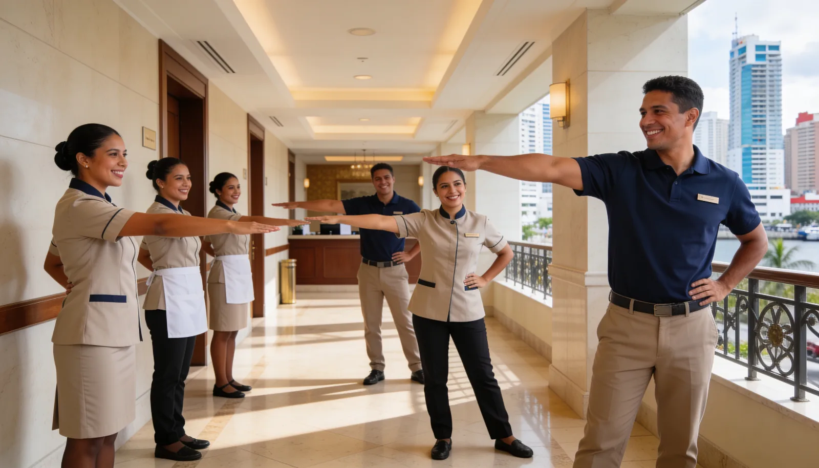 Hotel team smiling during an active break