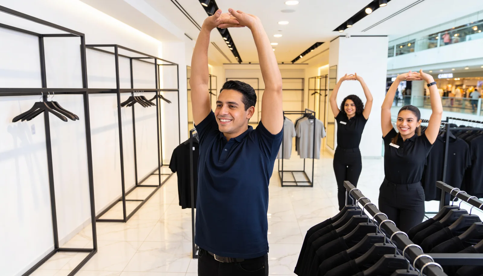 Shopping mall store staff doing an arm stretch