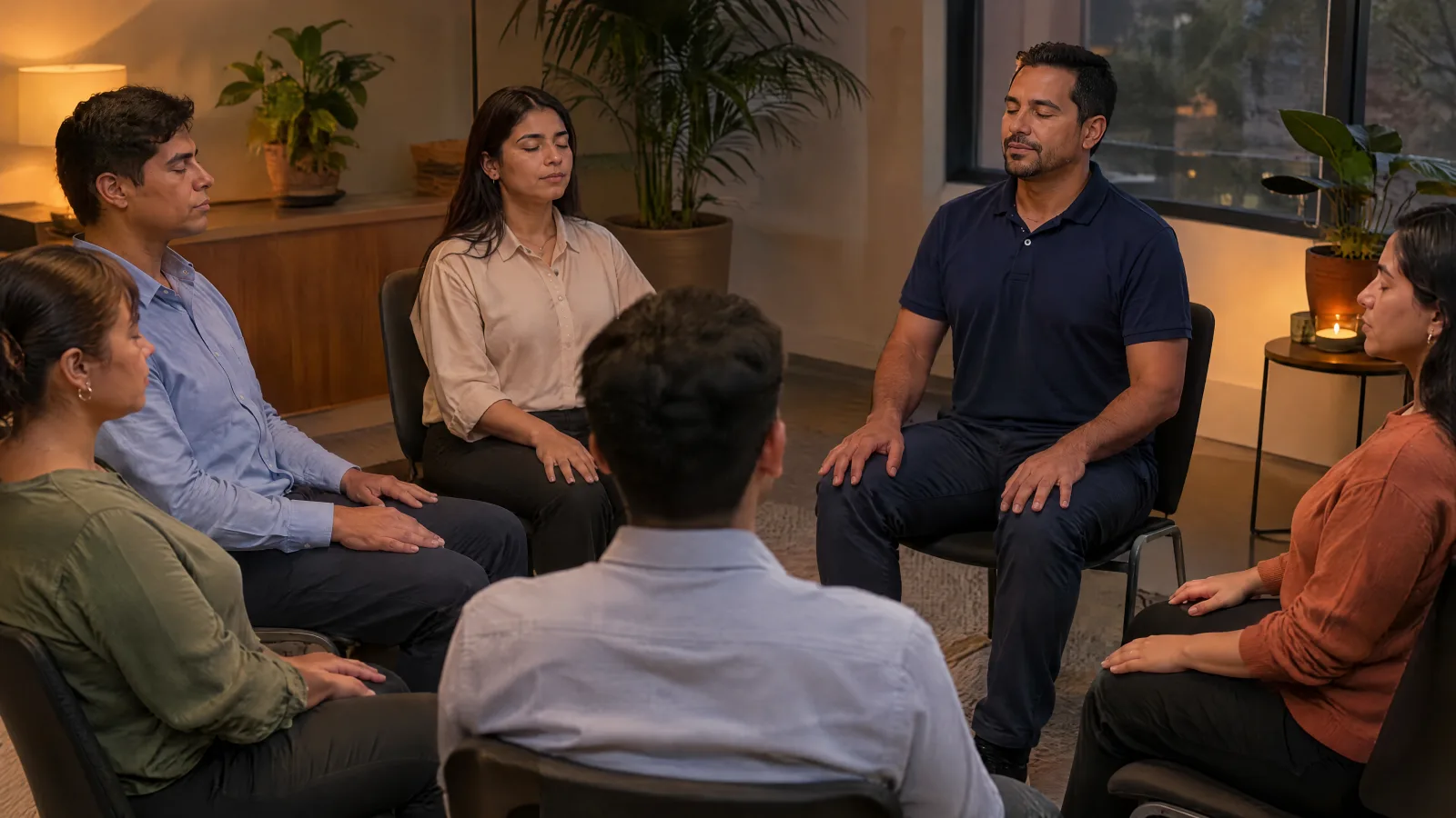 Employees seated in a circle during a guided meditation