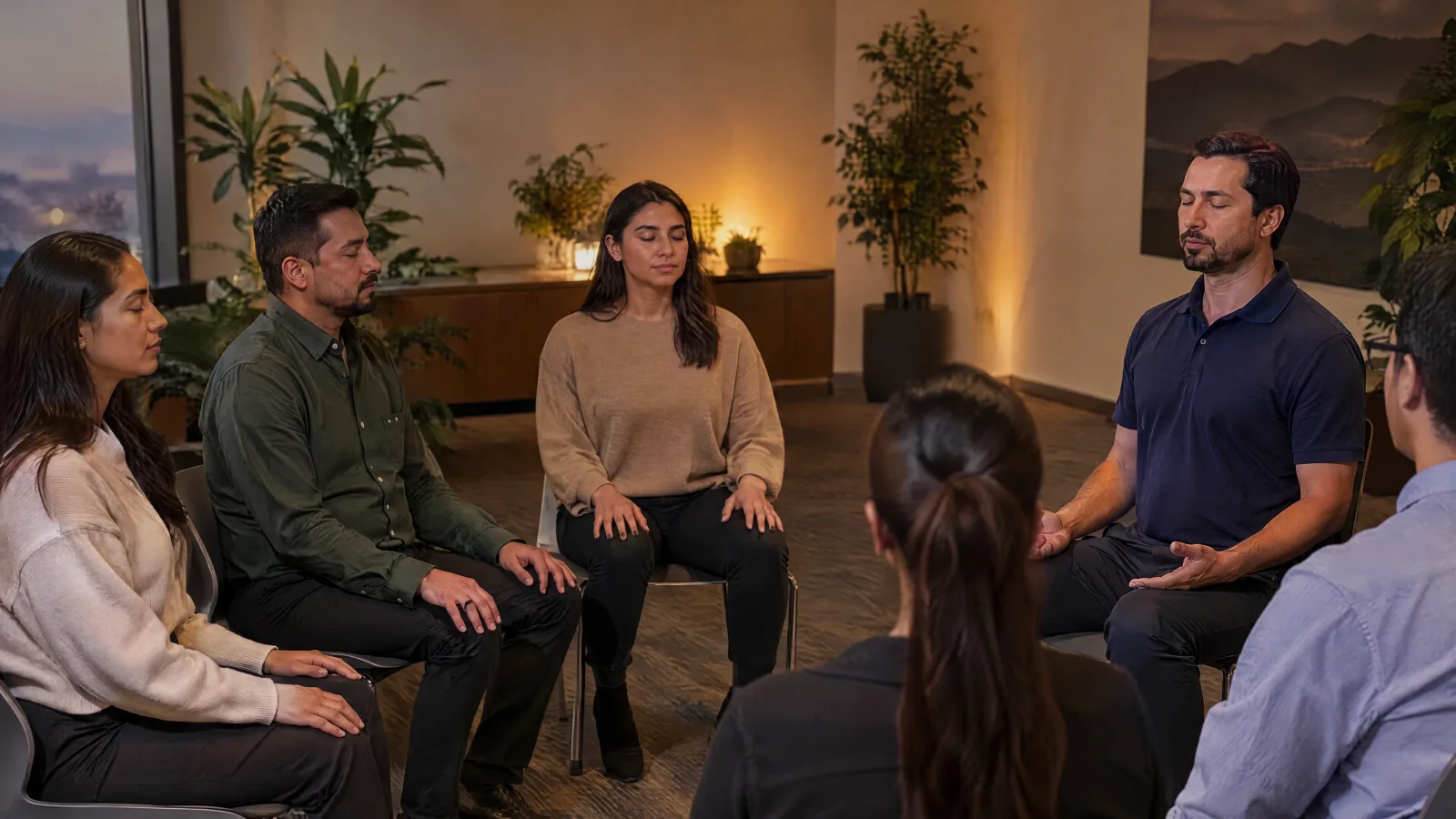 Grupo sentado en círculo durante una meditación guiada