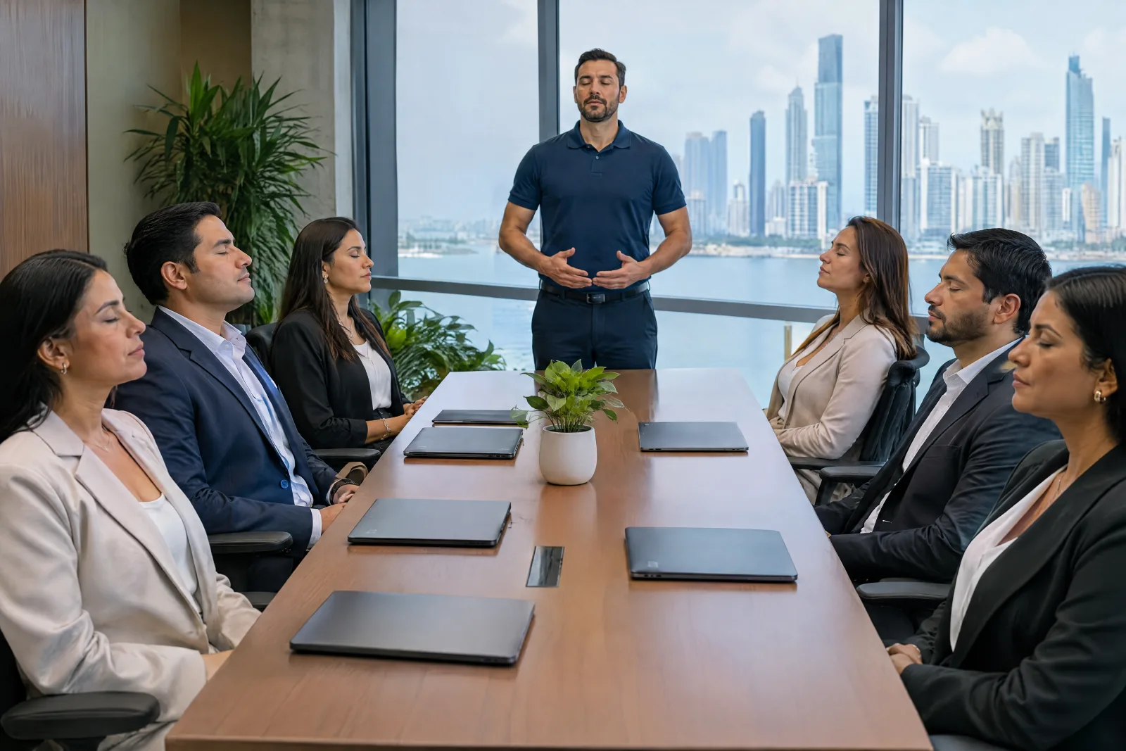 Instructor de THA guiando una respiración con un grupo en sala de reuniones
