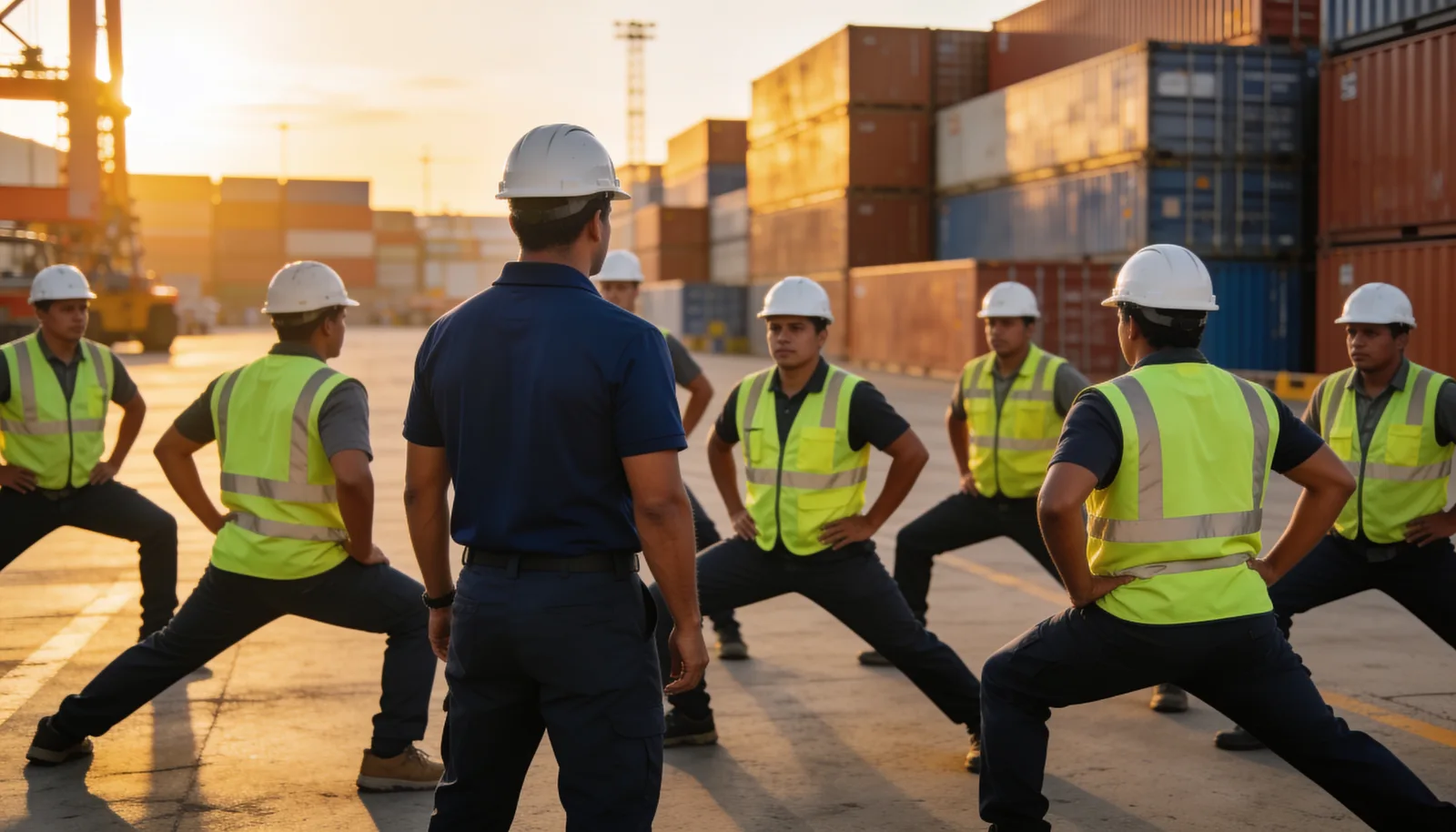 Port staff following a THA instructor next to containers