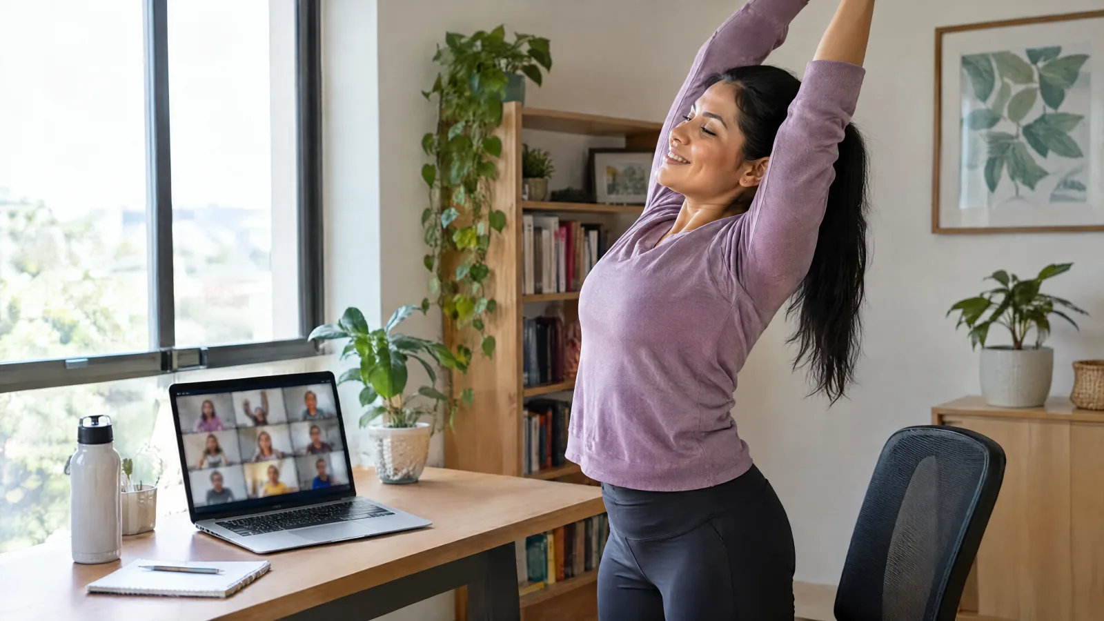 Employee stretching in front of her laptop at home