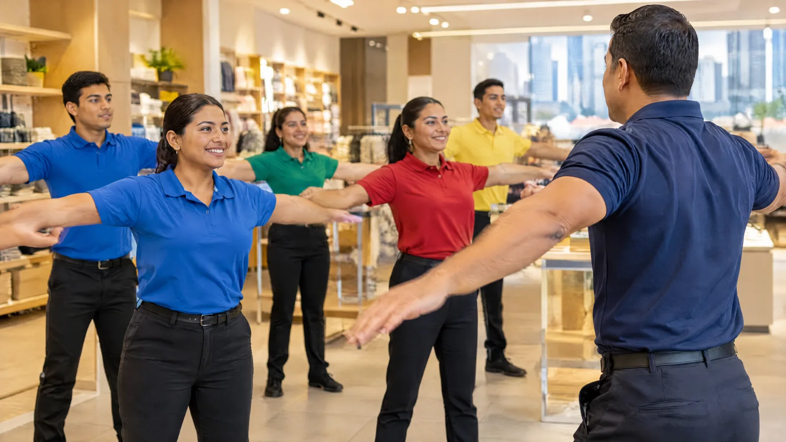 Store team in colorful uniforms doing an arm stretch