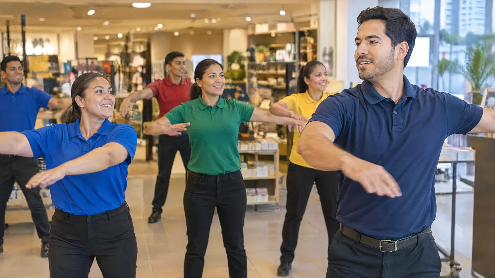 THA instructor leading shoulder mobility in a retail store