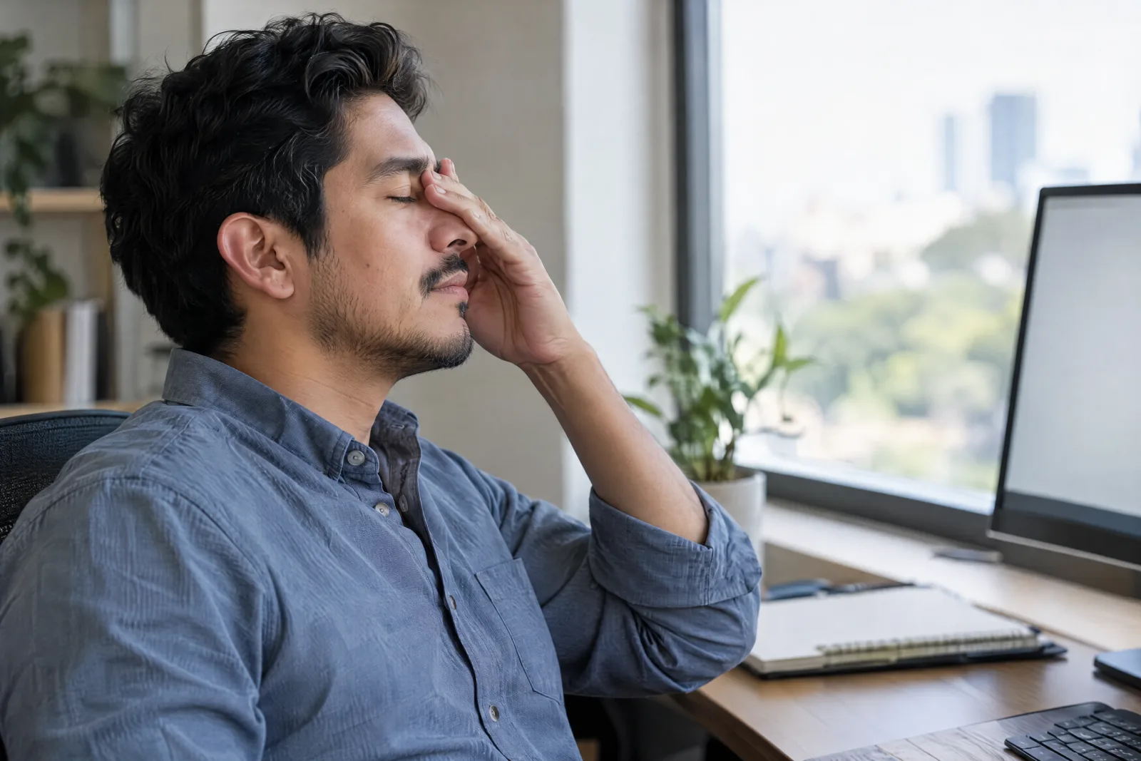 Colaborador descansando la vista lejos de su monitor