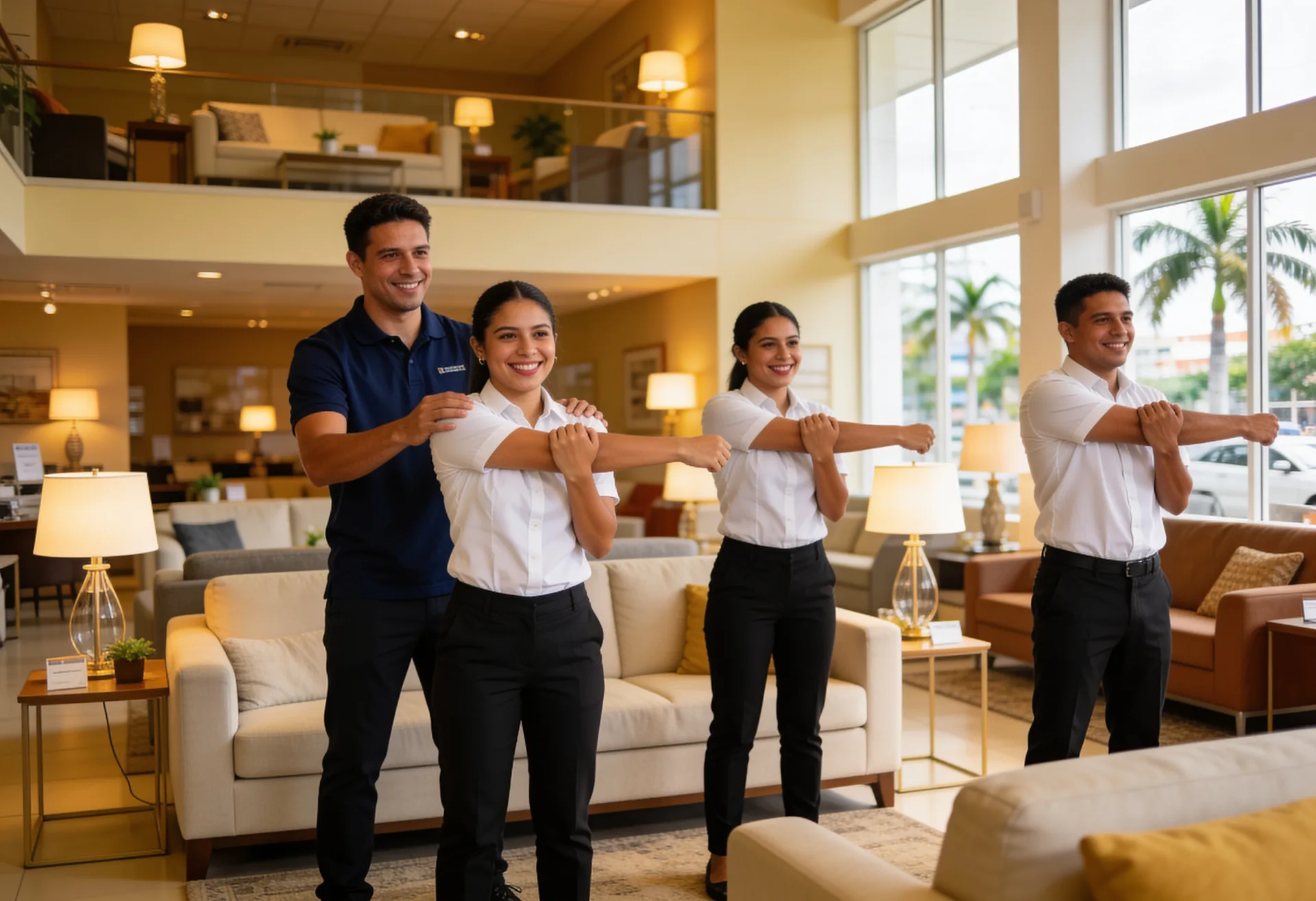 THA instructor leading a stretch with sales advisors in a showroom