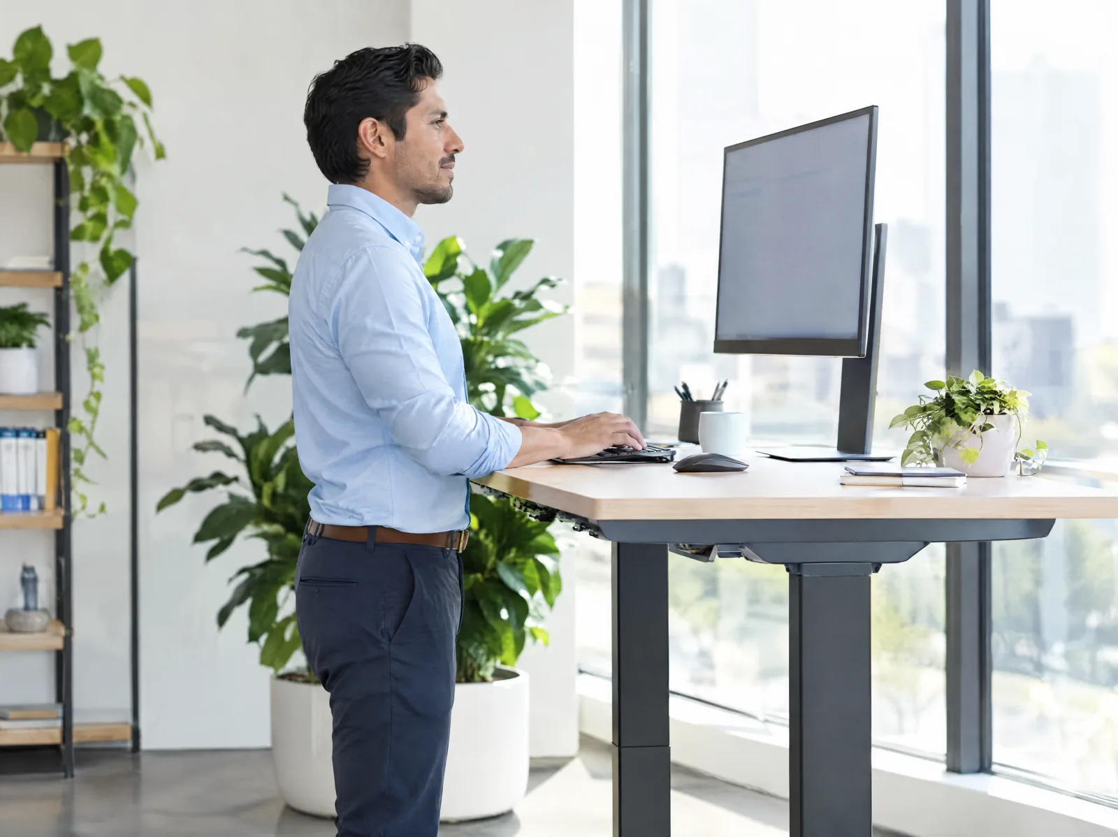 Employee working at a standing desk