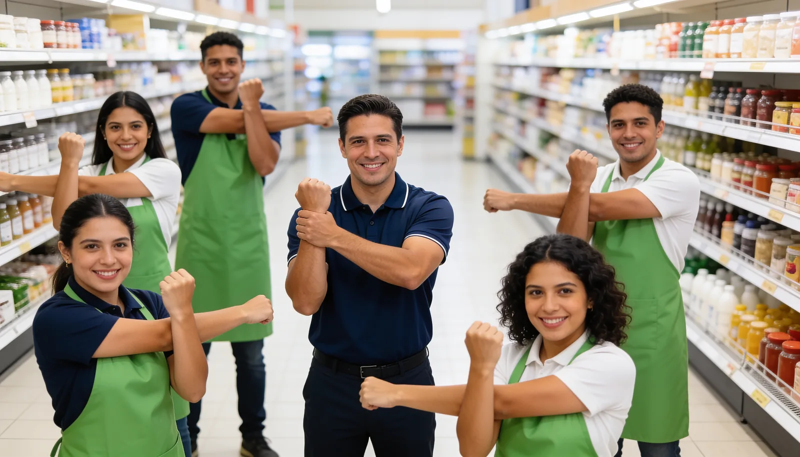 Supermarket employees smiling during an active break