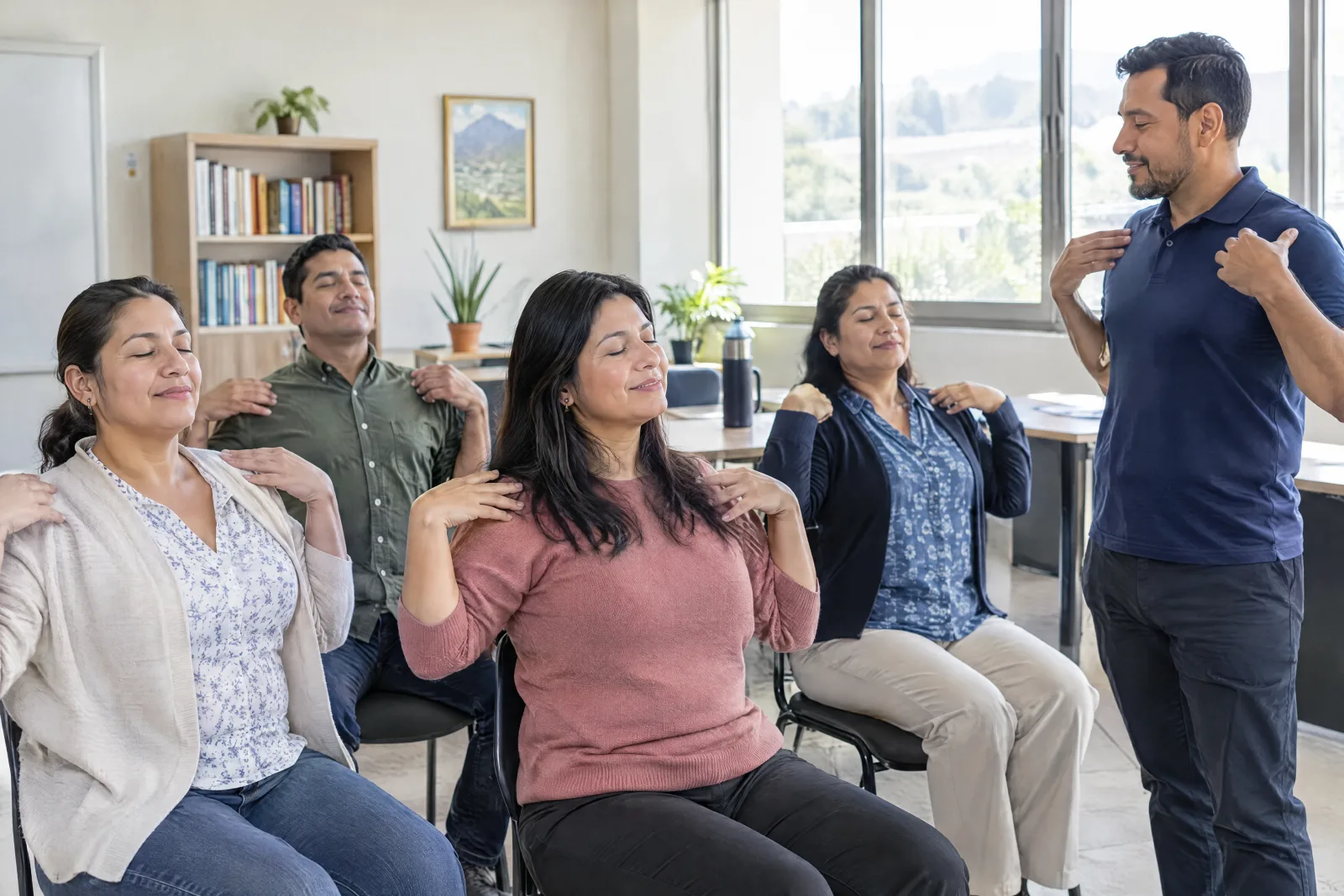 Instructor de THA acompañando a un grupo de docentes en una pausa
