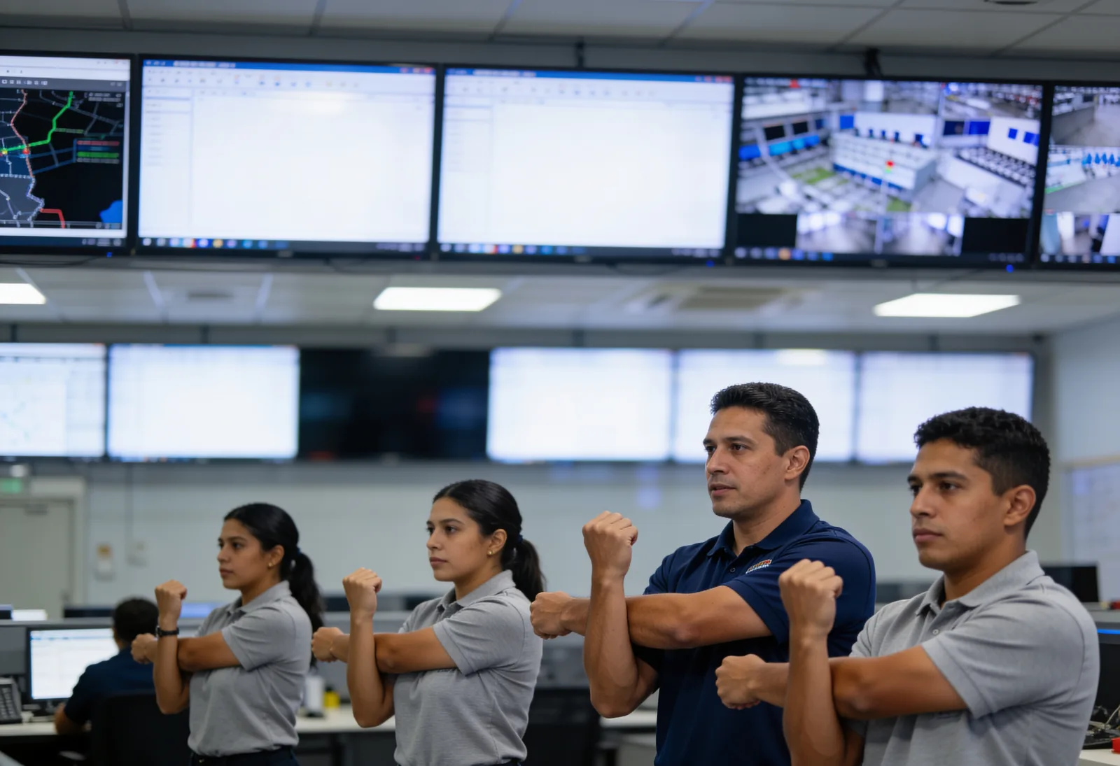Engineers following a THA instructor next to monitors