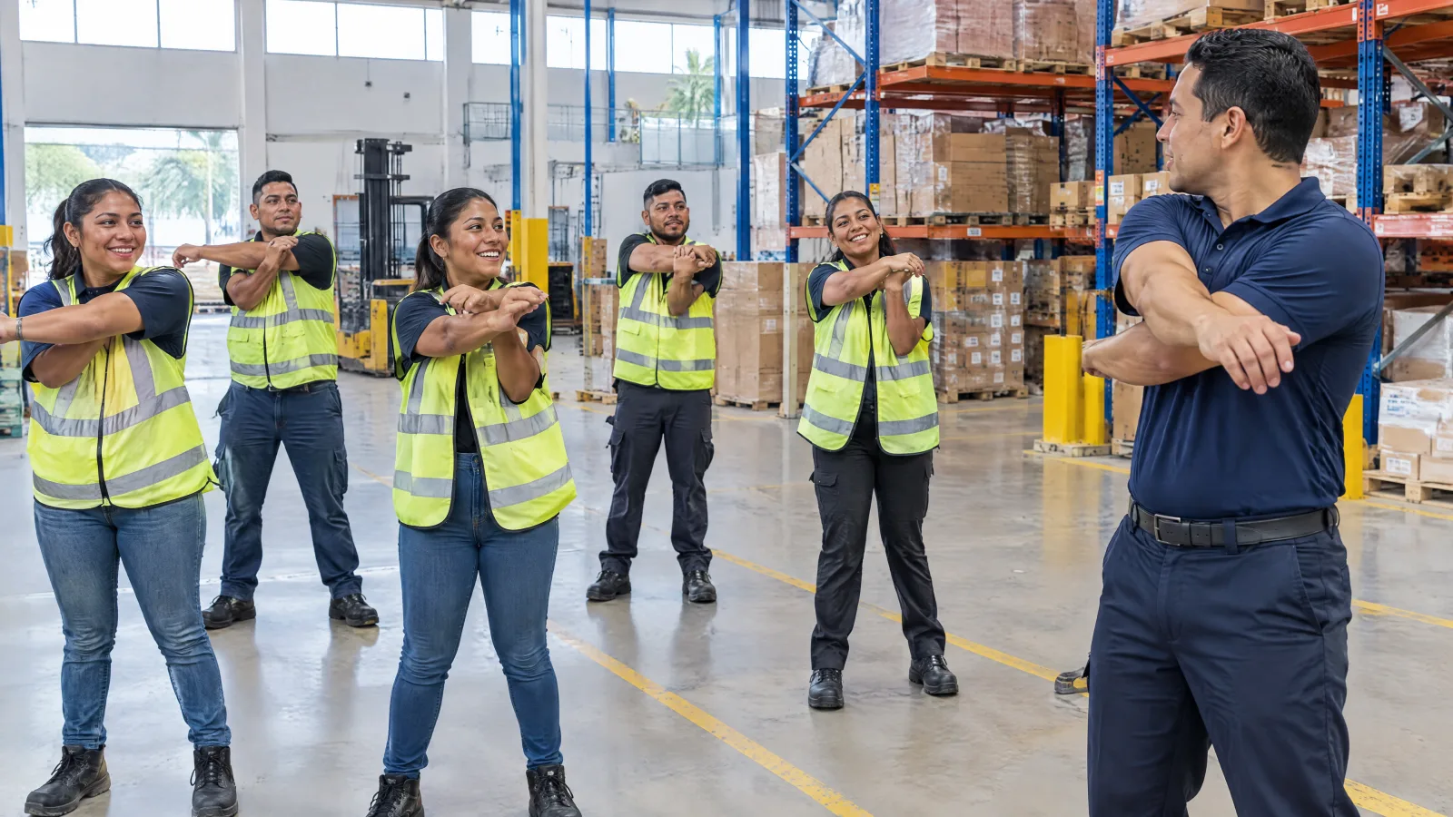 Warehouse team in vests doing a shoulder stretch between racks